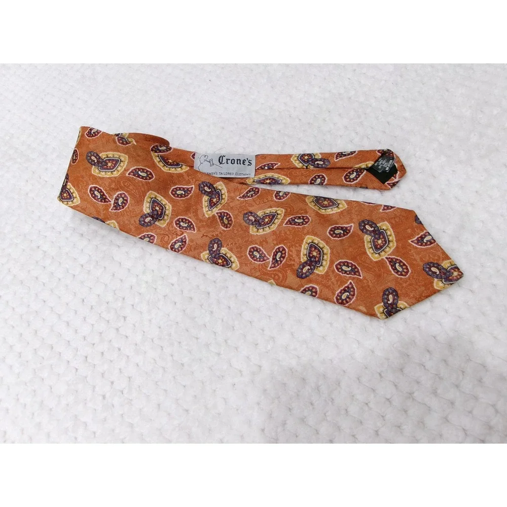 Mount Royal Mens 3.5x58 Necktie Orange Paisley Linen Silk Blend Made in Canada